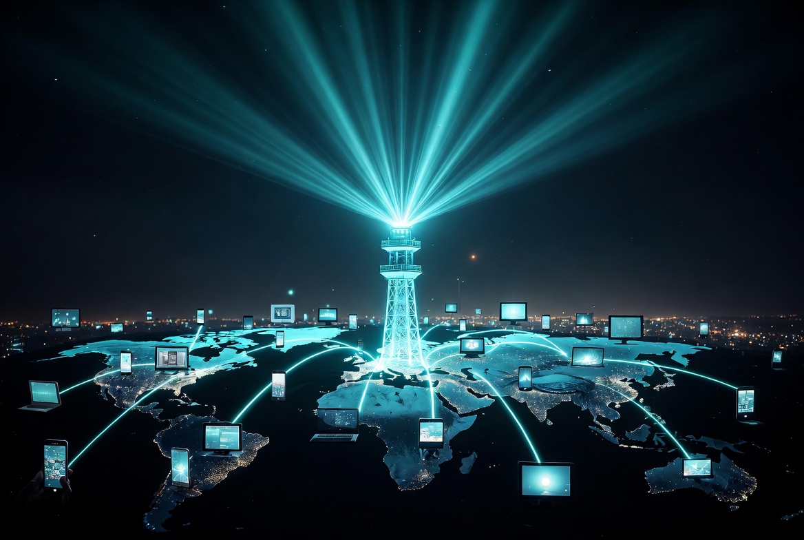 Torre de TV tradicional conectada por luz azul a celulares e telas pelo mundo.