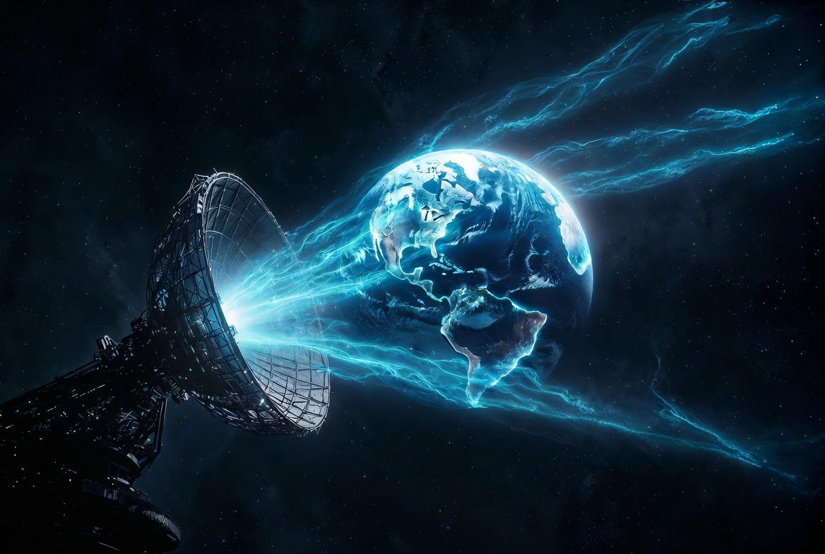 Planeta azul conectado por linhas de luz saindo de uma antena aberta.