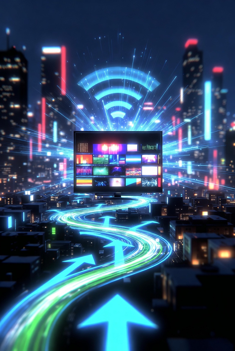 Um WAZE da televisão: rota luminosa azul levando a uma TV acesa.