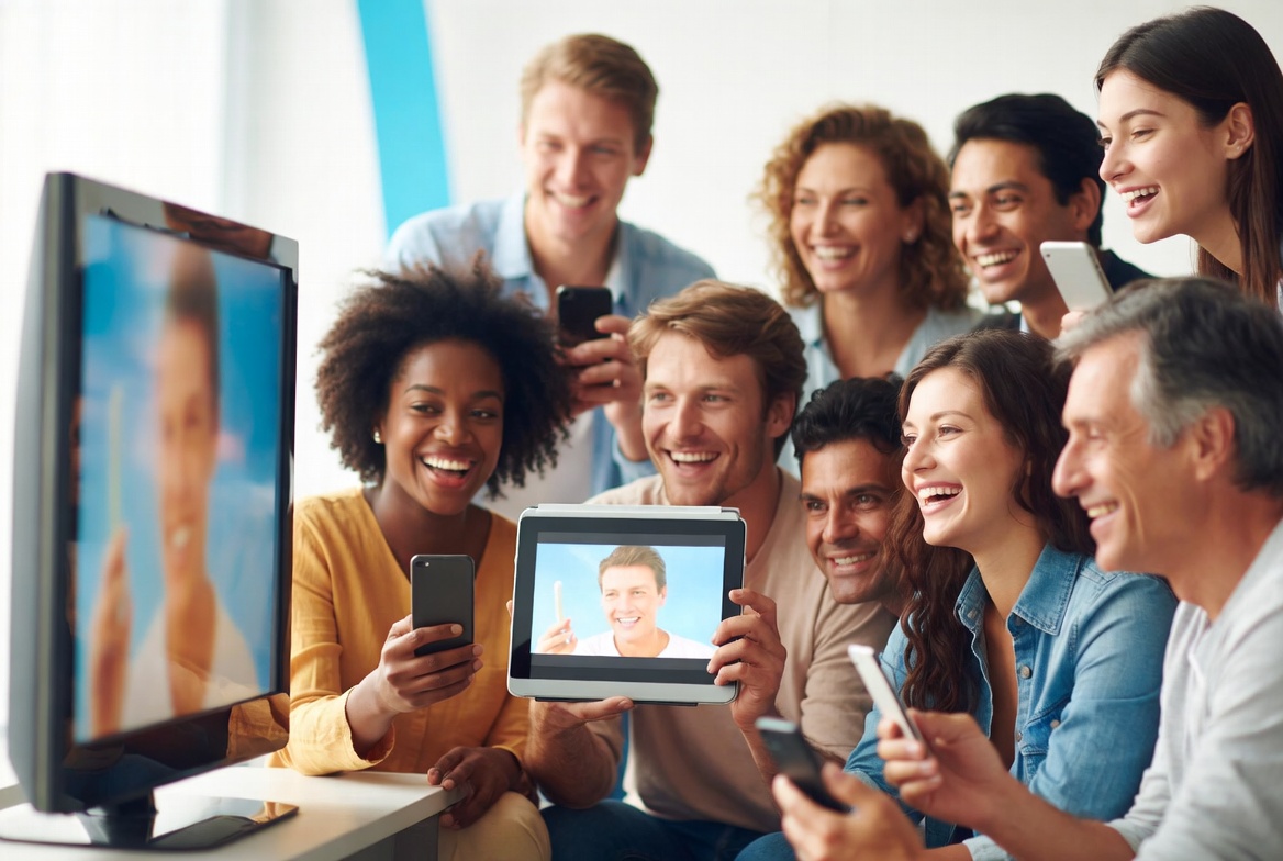 Uma família e pessoas diversas assistindo TV em várias telas — celular, televisão, tablet — com expressão de alegria.