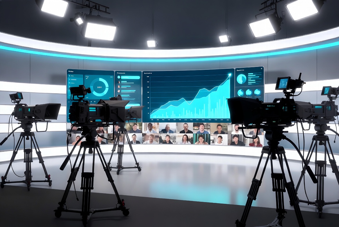 Um estúdio de transmissão moderno com um painel de audiência mostrando gráficos de crescimento em azul.