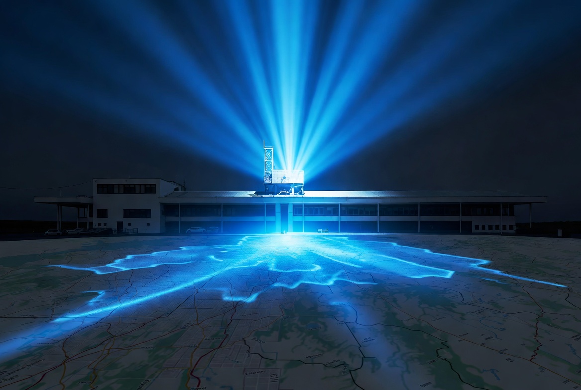 Um edifício público/institucional com um sinal de luz azul se irradiando sobre o mapa de um território.